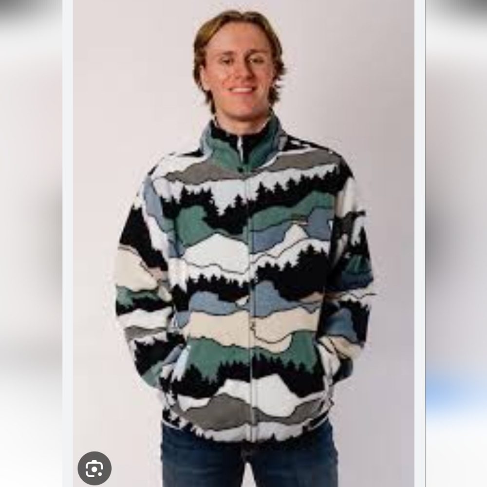 Free Nature Mountain Pattern Full Zip up Polar Fleece Hooded Jacket Size Large